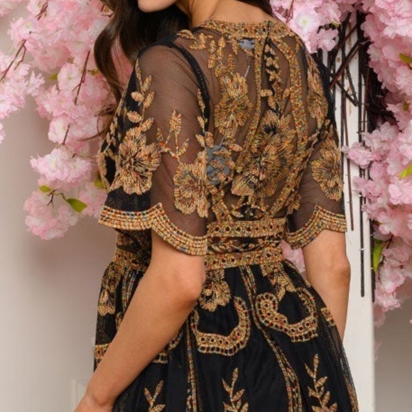 Gold & Black lace & embroidered maxi Dress - Picture 4 of 14